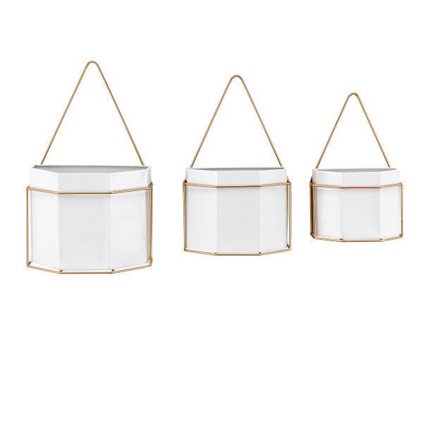 Danya B Set of 3 Geometric White Metal Planters with Gold Metal Frames (FHB1469) main image.