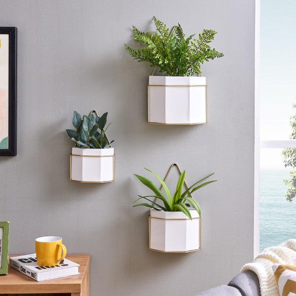 Danya B Set of 3 Geometric White Metal Planters with Gold Metal Frames (FHB1469)