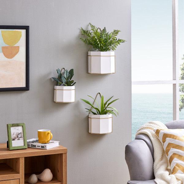 Danya B Set of 3 Geometric White Metal Planters with Gold Metal Frames (FHB1469)