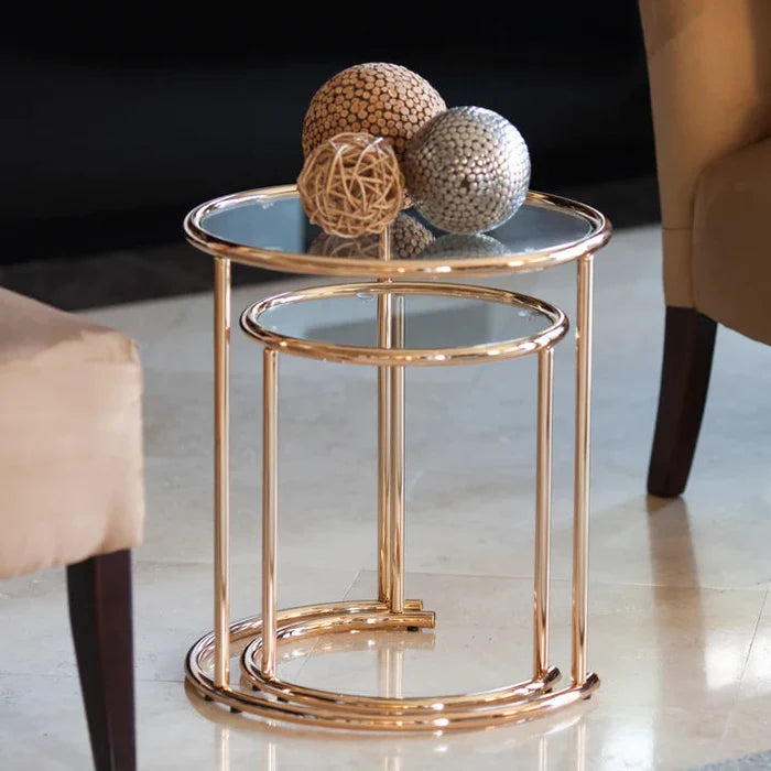 Danya B Set of Two Nested Round Side Tables in Gold with Clear Glass