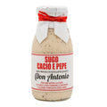 Bottle of Don Antonio Cacio e Pepe with paper around the lid held by a red ribbon on a white background
