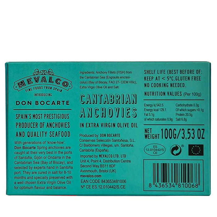 The rear of a 100g pack of Mevalco Don Bocarte Cantabrian Anchovies with attractive blue packaging