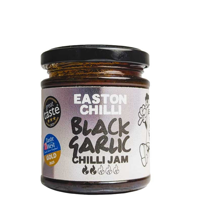 Jar of Easton Chilli Black Garlic Chilli Jam on a white background