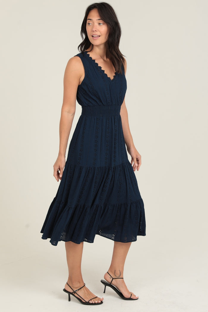 Elegant Eyelet V-Neck Dress ~ Navy Blue