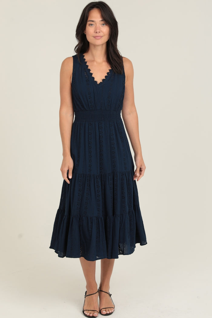 Elegant Eyelet V-Neck Dress ~ Navy Blue