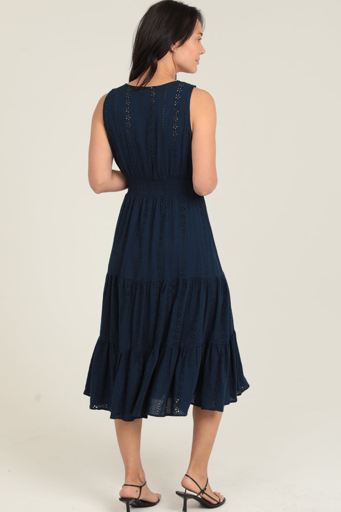 Elegant Eyelet V-Neck Dress ~ Navy Blue