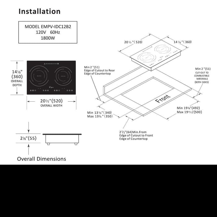 Empava 12 in. 2 Burner Induction Cooktop (IDC12B2) installation guide with dimensions.