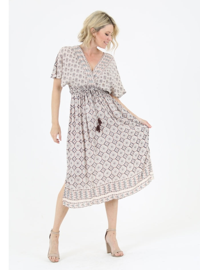 Empire Waist Summer Dress ~ Cream & Brown Print