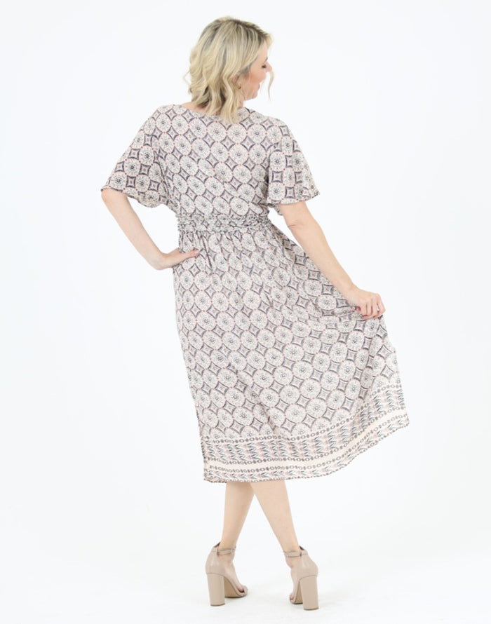 Empire Waist Summer Dress ~ Cream & Brown Print