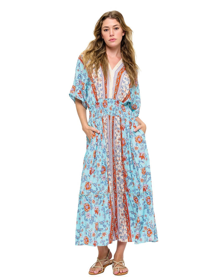 Floral Dress with Ruched Waist ~ Corn Flower Blue
