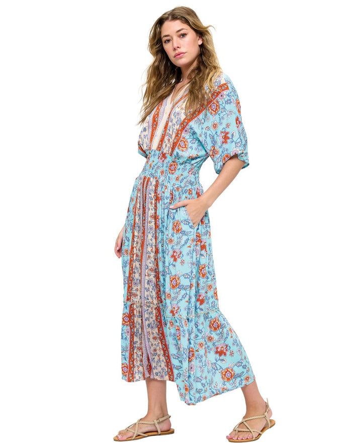 Floral Dress with Ruched Waist ~ Corn Flower Blue