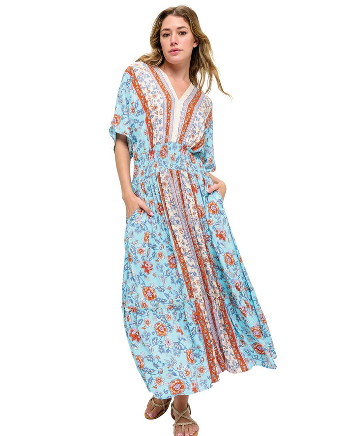 Floral Dress with Ruched Waist ~ Corn Flower Blue