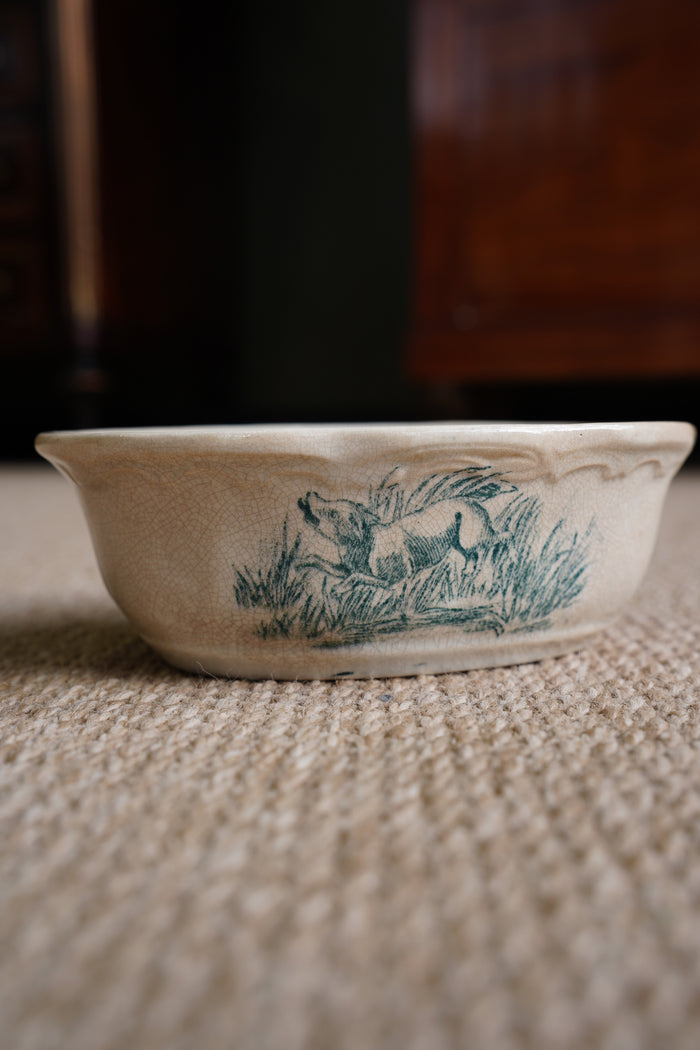 French Ironstone Soap Dish, Hunting Dog Transfer