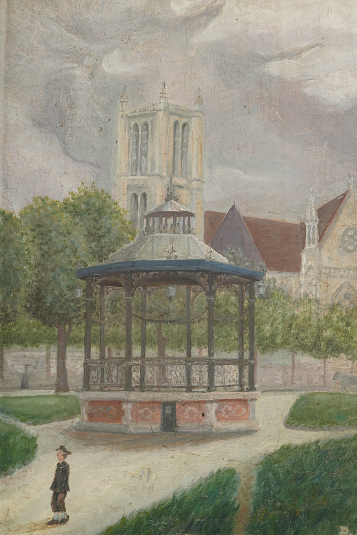 French Naïve Oil Painting Town Square with Bandstand, Signed Polard