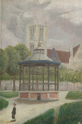 French Naïve Oil Painting Town Square with Bandstand, Signed Polard