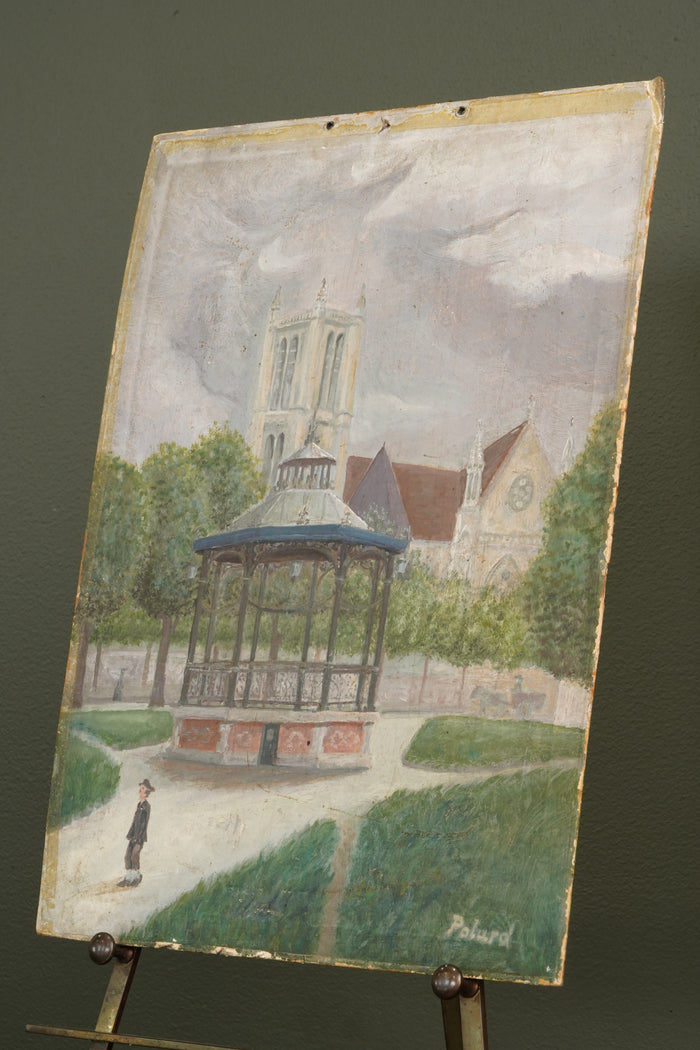 French Naïve Oil Painting Town Square with Bandstand, Signed Polard