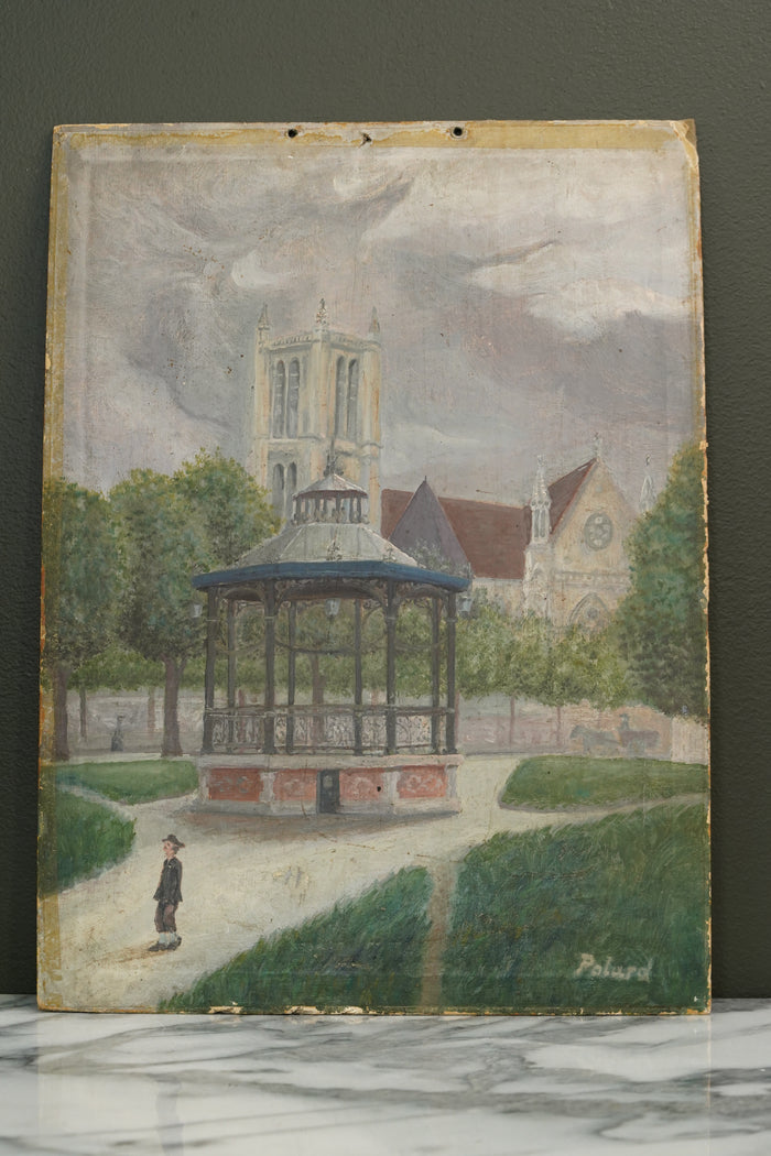 French Naïve Oil Painting Town Square with Bandstand, Signed Polard