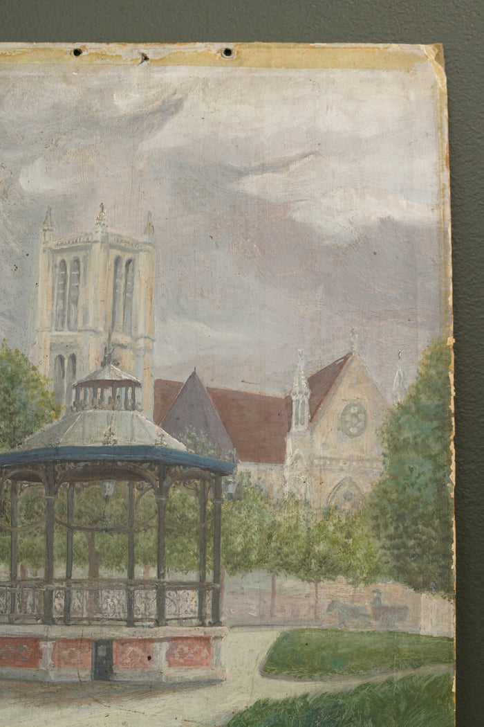 French Naïve Oil Painting Town Square with Bandstand, Signed Polard