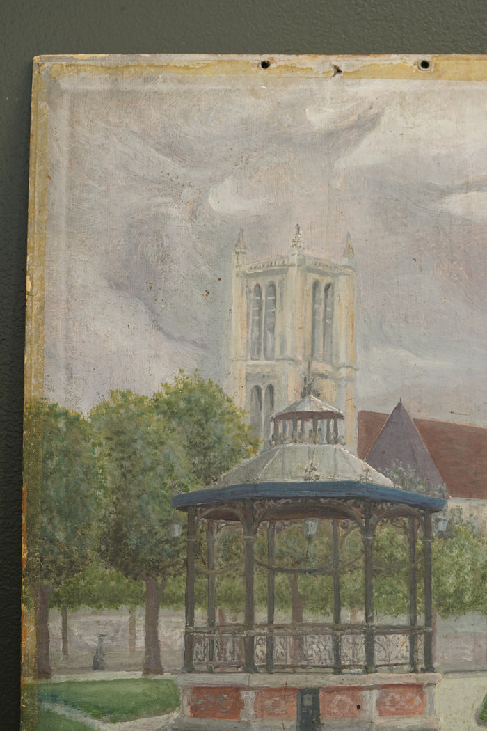 French Naïve Oil Painting Town Square with Bandstand, Signed Polard