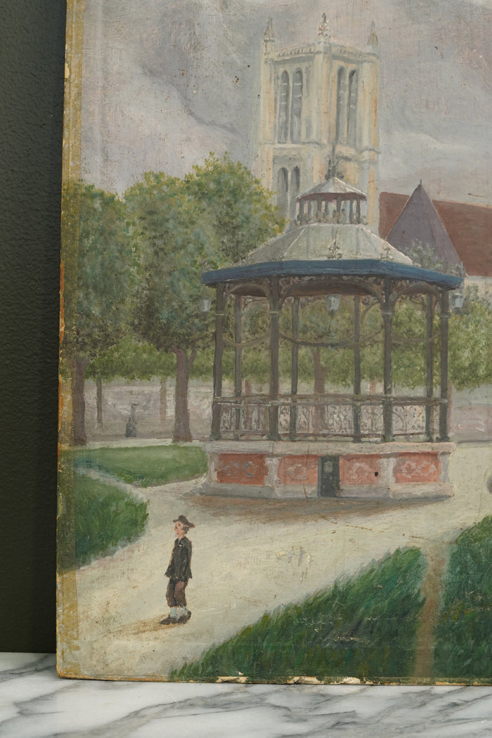 French Naïve Oil Painting Town Square with Bandstand, Signed Polard