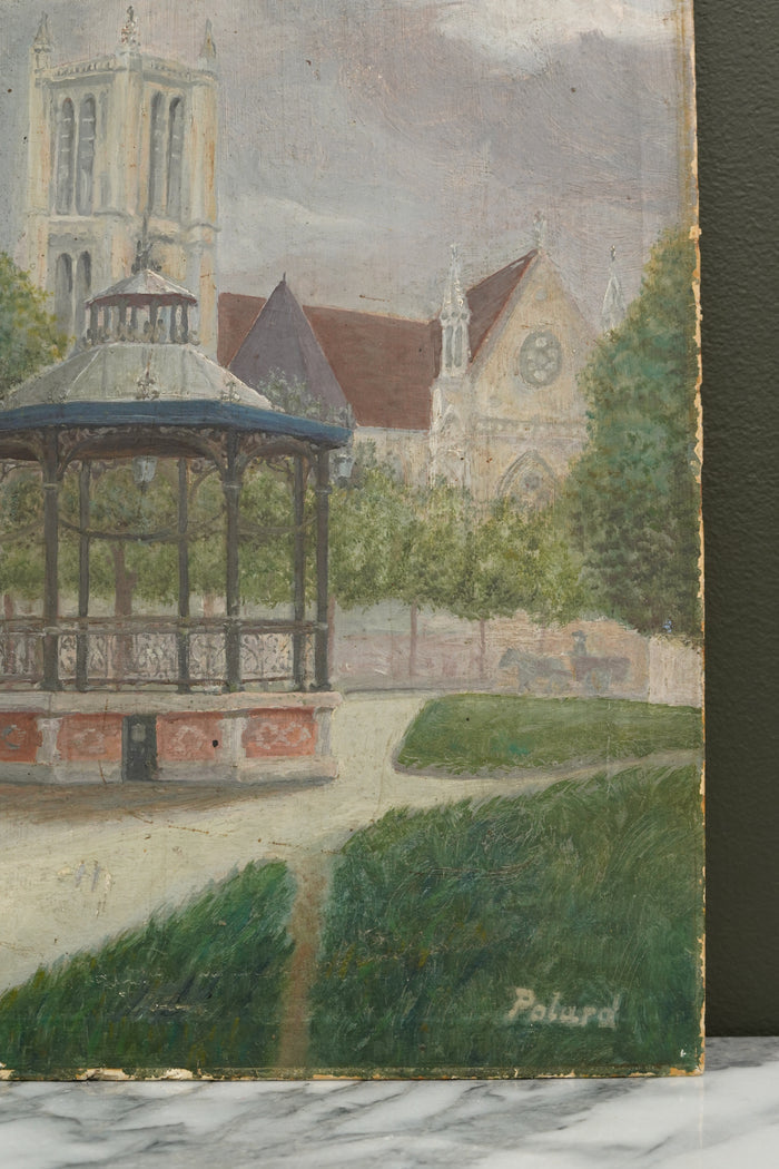 French Naïve Oil Painting Town Square with Bandstand, Signed Polard