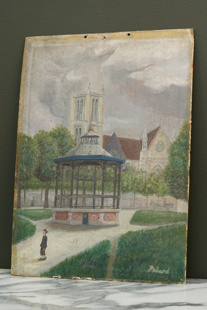 French Naïve Oil Painting Town Square with Bandstand, Signed Polard
