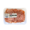 Packaged, Golfera branded sliced fennel salami with a on white background.