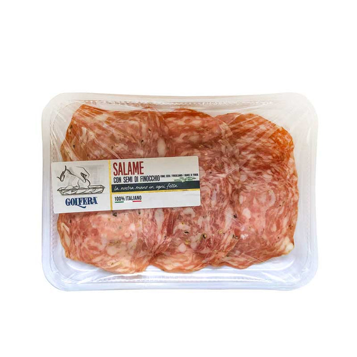 Packaged, Golfera branded sliced fennel salami with a on white background.