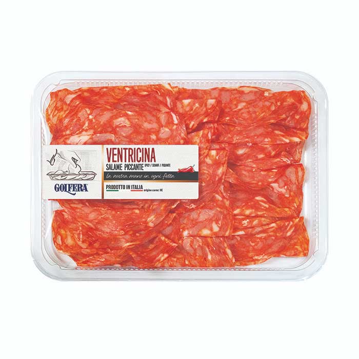 Packaged Golfera Venticina salami with a label on a white background