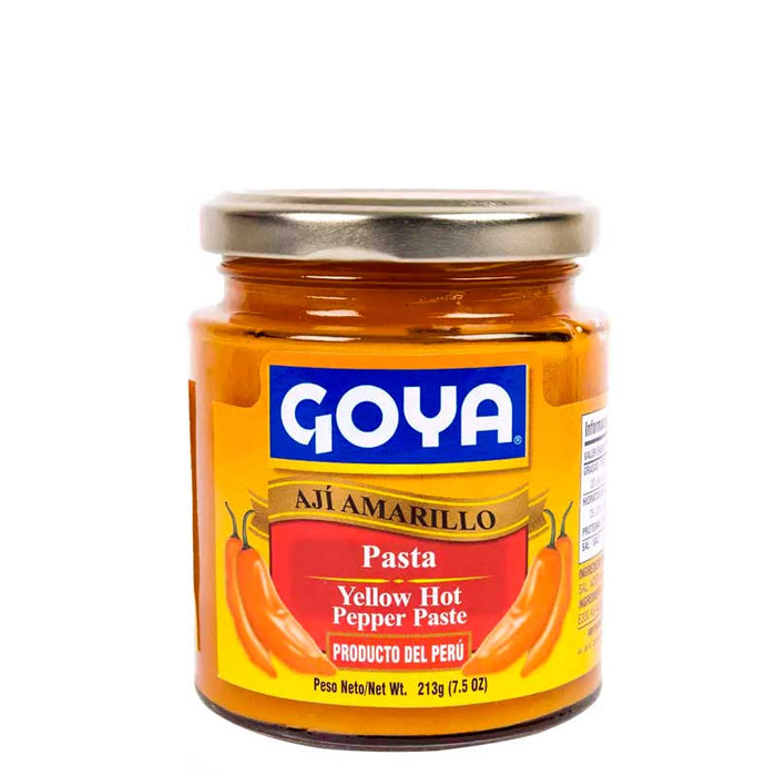 A 213g jar of Goya Hot Yellow Amarillo Chilli Paste with yellow and blue branding on a white background