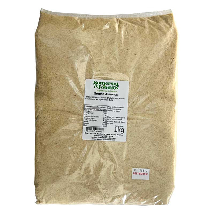 A Somerset Foodie bag of ground almonds with a label on a white background