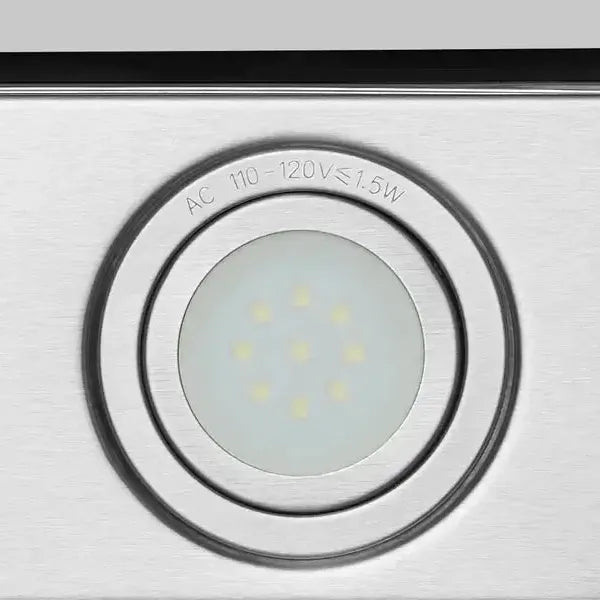 Hauslane Chef Convertible Stainless Steel Wall Mount Range Hood with Size Options (WM-600SS) close-up, LED lighting.