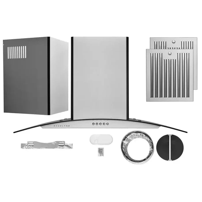 Hauslane Chef Convertible Stainless Steel Wall Mount Range Hood with Size Options (WM-600SS) with included parts and hardware.
