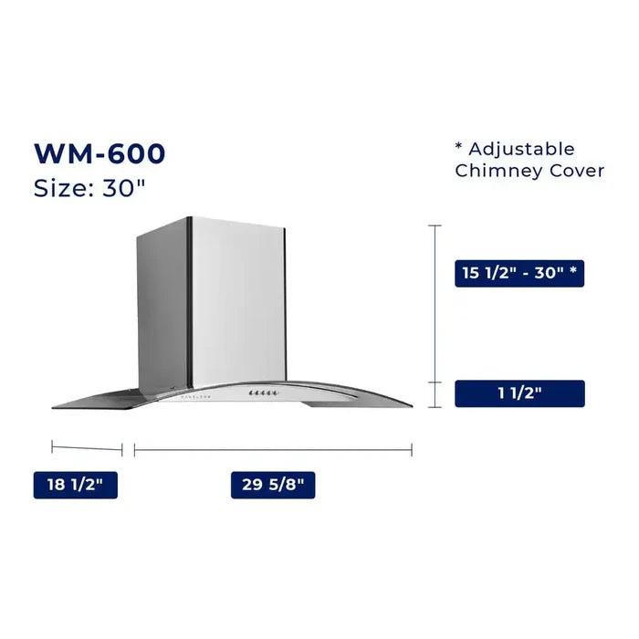 Hauslane Chef Convertible Stainless Steel Wall Mount Range Hood with Size Options (WM-600SS) dimensional diagram with measurements for 30-inch size.