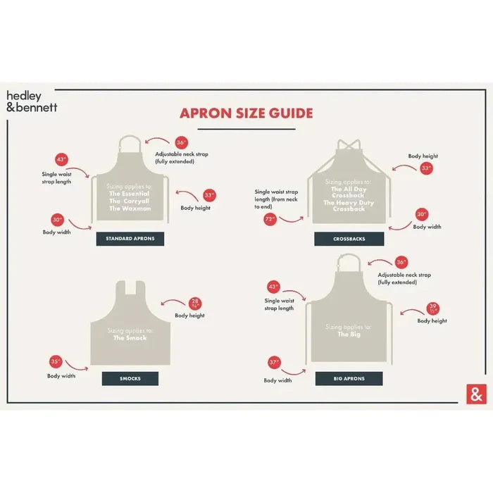 Hedley & Bennet Apron Size Guide for aprons, crossbacks, smocks, and big aprons