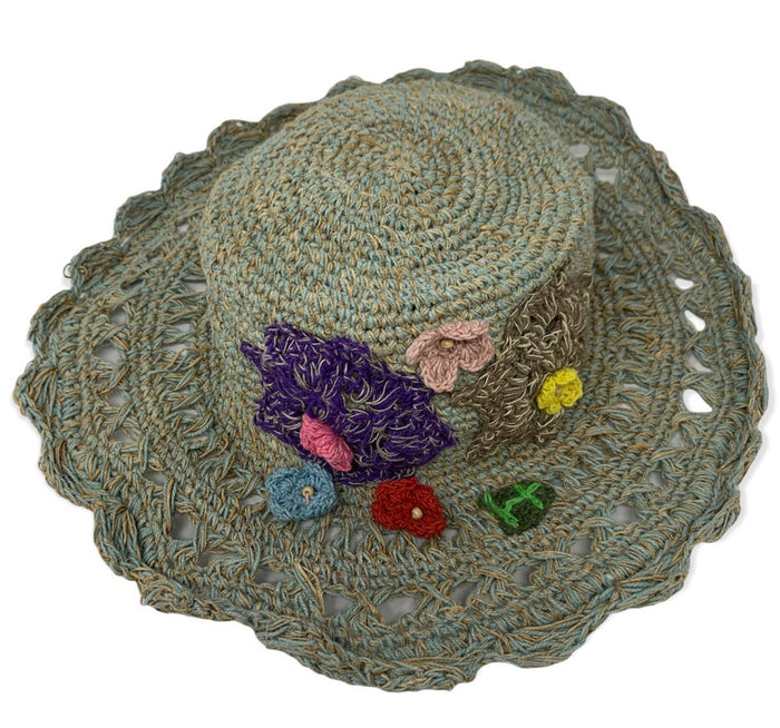 Hemp & Cotton Hat with Flowers ~ Green