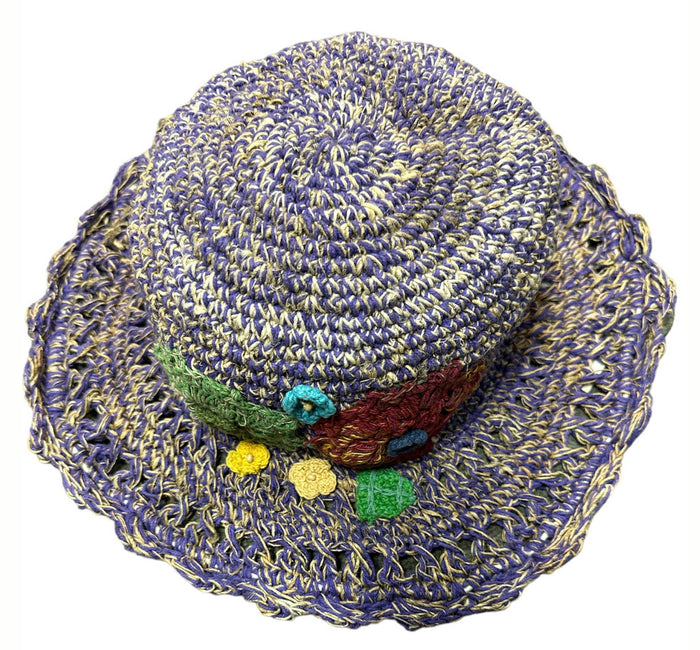 Hemp & Cotton Hat with Flowers ~ Purple