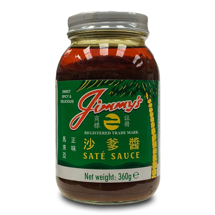 A 360g jar of Jimmy's Sate Sauce with a green label, the jar is on a white background