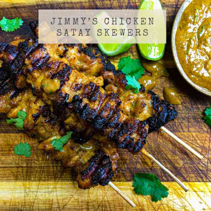 Recipe for Jimmy's Chicken Satay Skewers showing three delicious satay skewers with peanut dipping sauce and lime wedges