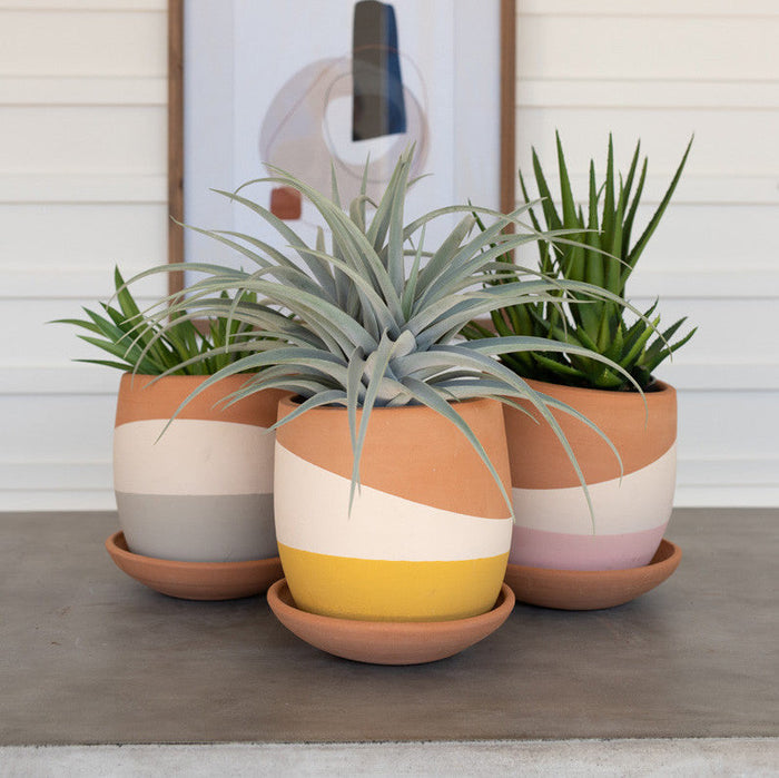 Kalalou Colored Dipped Clay Pots with Saucers (Set of 3) main image.