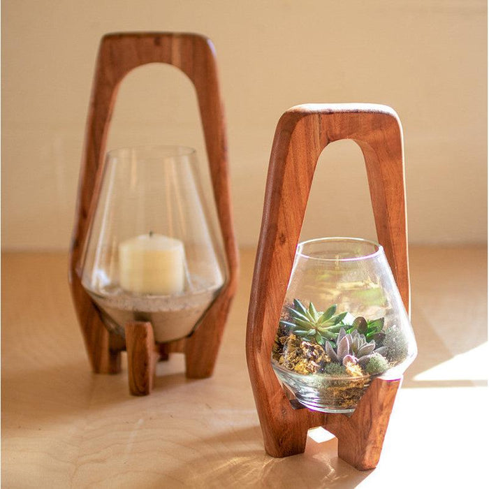 Kalalou Oval Wooden Holder with Glass Lantern (Small) main image.