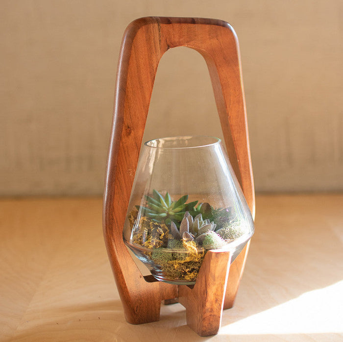 Kalalou Oval Wooden Holder With Glass Lantern (Small)