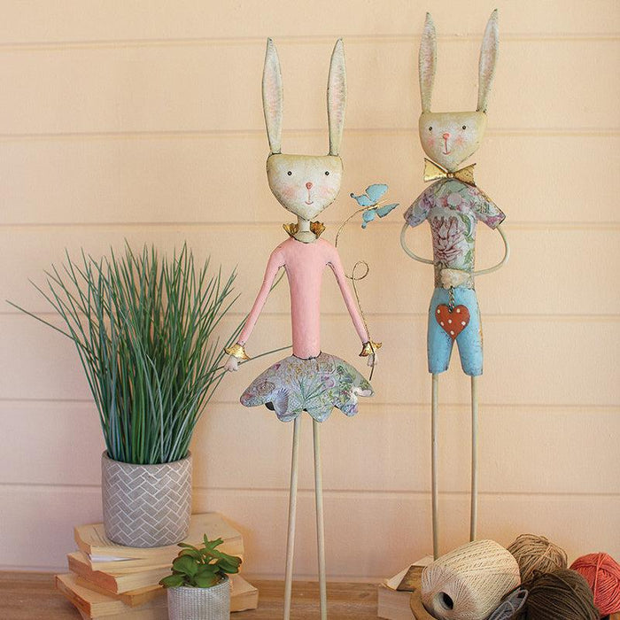 Kalalou Set of 2 Painted Metal Long Leg Boy and Girl Rabbits main image.