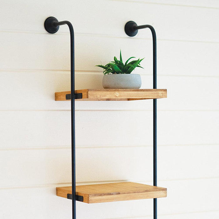 Kalalou Wood and Metal Wall Ladder Three-Tiered Industrial-Style Shelf main image.
