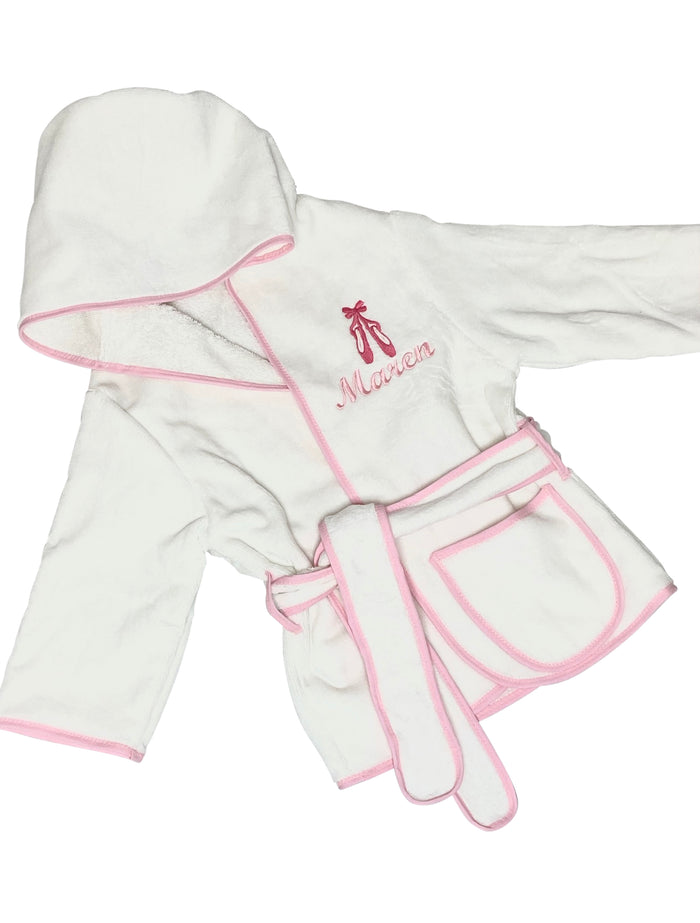 Kids Hooded Terry Robe with Ballet Shoes-Pink Trim