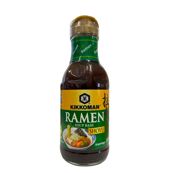 Kikkoman Ramen Shoyu soup base bottle on a white background