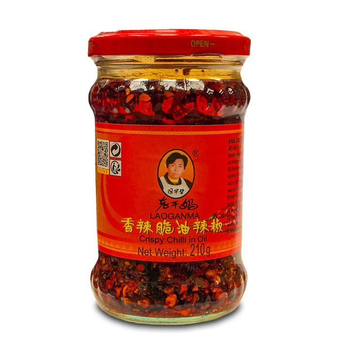 A 210g jar of Lao Gan Ma Crispy Chilli Oil with a red label, pictured on a white background.