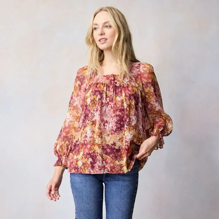 Lauren Conrad Henley Puff Sleeve Peasant Top SMALL