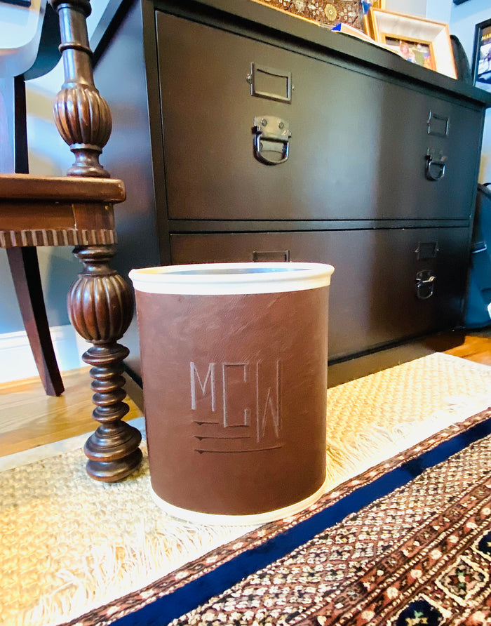Leather Covered Wastebasket