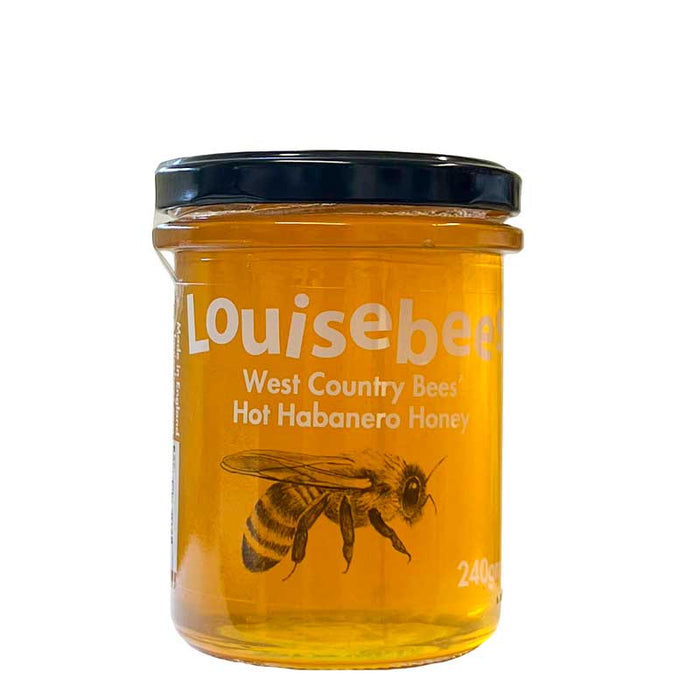 A 240g jar of Louise Bees West Country Hot Habanero Honey with a bee illustration on the jar pictured n a white background